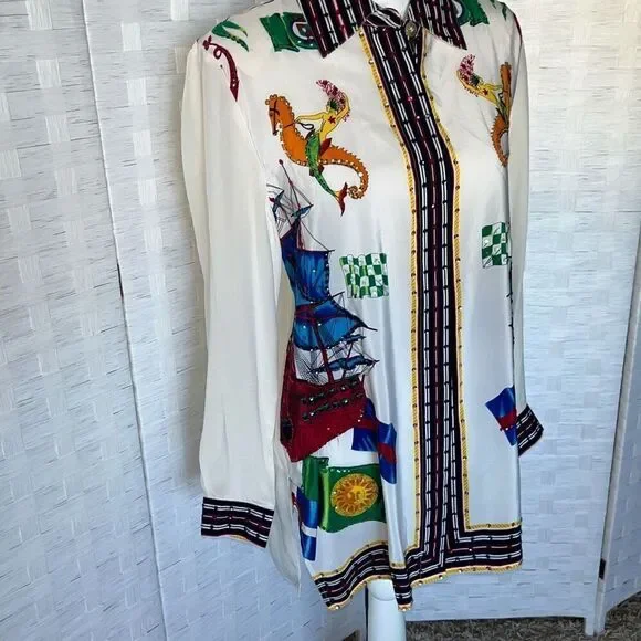 Amazing Diane Gilman Vintage 100% Silk Mermaid Nautical Sun Sequins Buttoned Blo - Picture 2 of 16